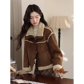 鹿向南「焦糖栗子」美拉德咖色皮毛一体短外套女冬季短款加厚上衣