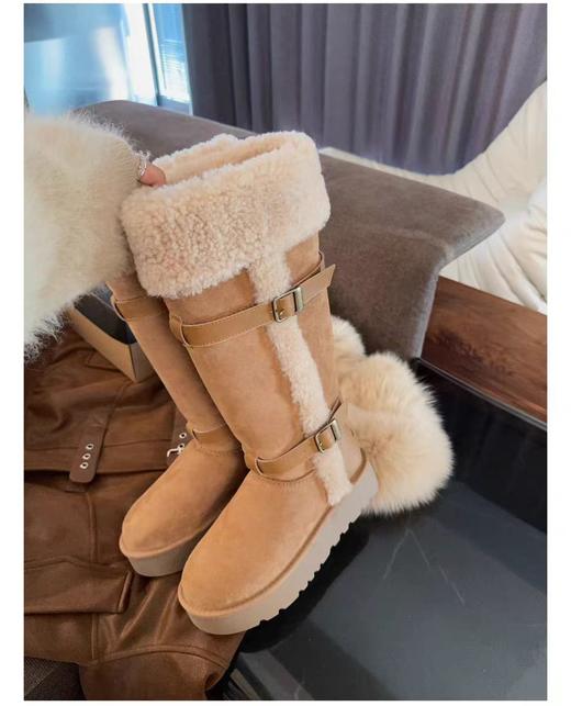 卷毛骑士靴羊皮毛一体皮带长筒短筒靴保暖抗寒 商品图5