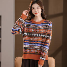 CC 101-88602羊毛圆领毛衣民族风条纹提花宽松针织打底衫