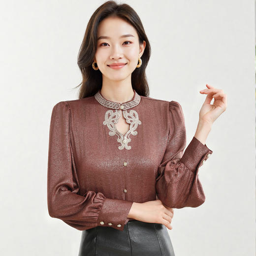 KQL B43N1989减龄洋气长袖上衣修身显瘦新中式衬衫 商品图0