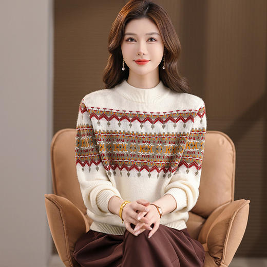CC 101-88607羊毛半高领毛衣复古提花针织衫宽松显瘦上衣 商品图2