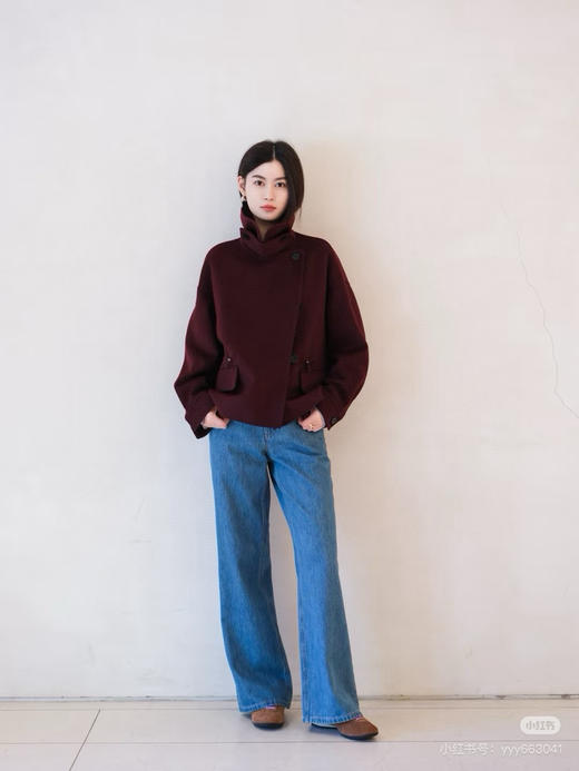 118-10 小禾爆款 安可拉红 绵羊毛 一手长 风衣款夹克短大衣 有造型的双面呢短大衣 商品图7