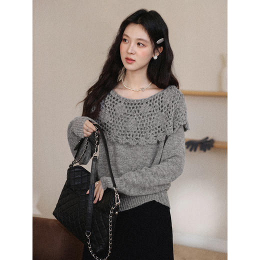 鹿向南「知性冷调」钩花镂空灰色毛衣女秋冬季内搭针织衫长袖上衣 商品图0