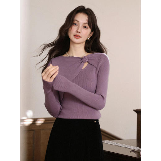 鹿向南「紫滕叙境」温柔风紫色针织衫女秋季新款显瘦气质长袖上衣 商品图0