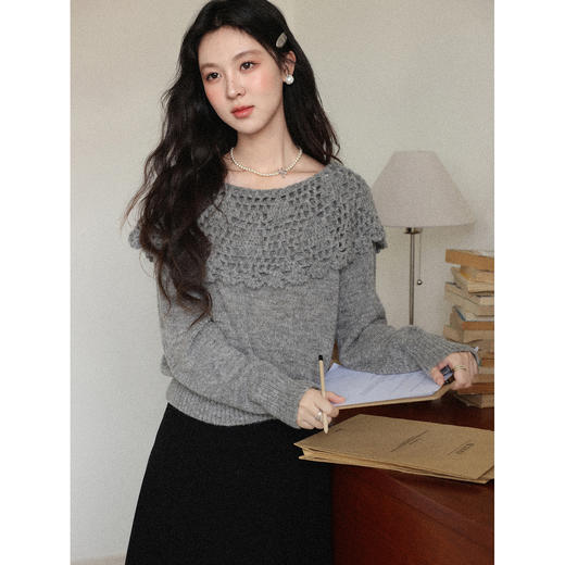 鹿向南「知性冷调」钩花镂空灰色毛衣女秋冬季内搭针织衫长袖上衣 商品图2