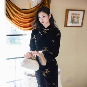 MYJ 新式旗袍优雅气质丝绒修身鱼尾连衣裙