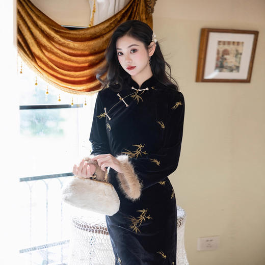 MYJ 新式旗袍优雅气质丝绒修身鱼尾连衣裙 商品图0