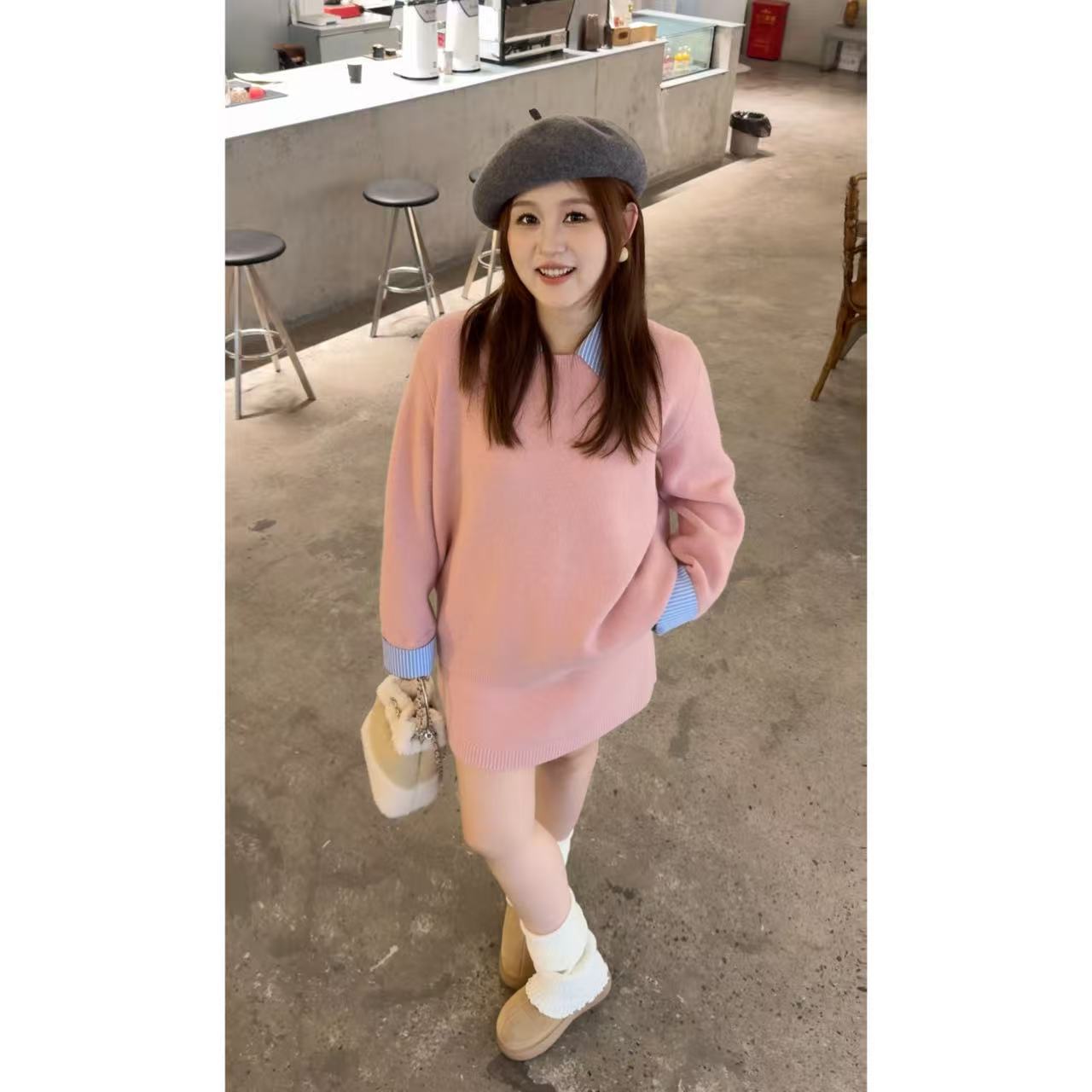 25AW上新 佳佳同款【樱花告白】条纹衬衫领拼接款毛衣+松紧腰短款毛线半身裙