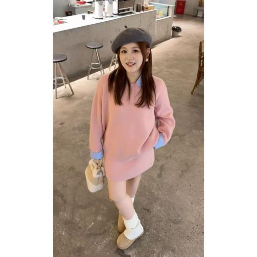 25AW上新 佳佳同款【樱花告白】条纹衬衫领拼接款毛衣+松紧腰短款毛线半身裙 商品图0