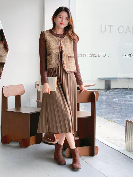 【百图lulu定制】【奢雅香风套装裙】经典粗花呢 撞色 马甲 百褶连衣裙 套装 商品图6