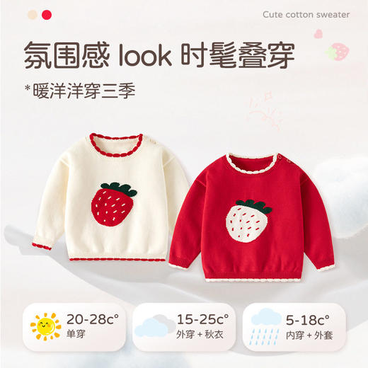 可爱草莓提花纯棉A类婴儿毛衣秋冬花边领口针织柔软甜美女童上衣 商品图2