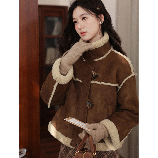 鹿向南「焦糖栗子」美拉德咖色皮毛一体短外套女冬季短款加厚上衣 商品图4