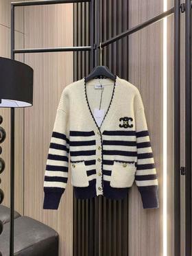 赛琳V领条纹羊毛混纺针织开衫毛衣外套