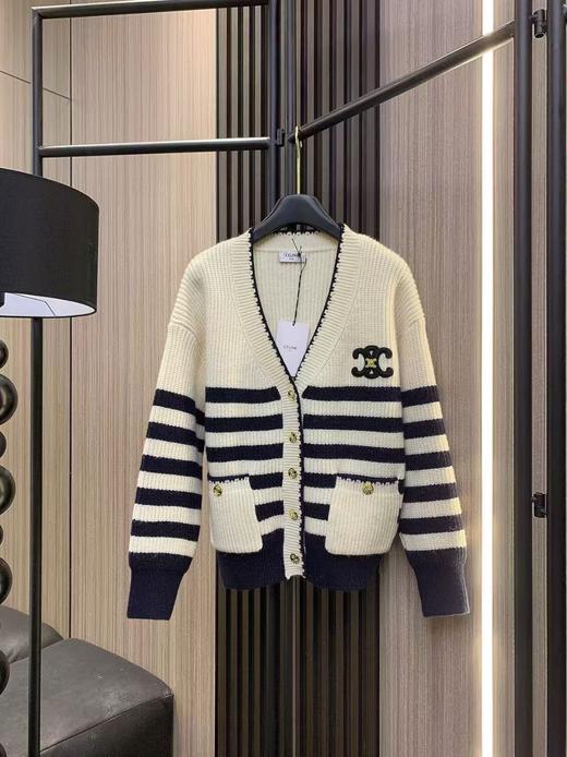 赛琳V领条纹羊毛混纺针织开衫毛衣外套 商品图0