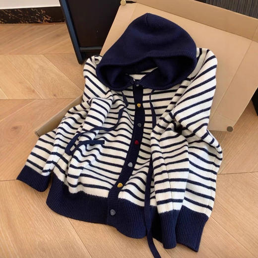 慵懒风！条纹撞色纽扣连帽针织开衫！2025女秋冬外穿休闲时尚宽松毛衣外套！ 商品图1