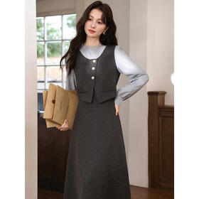 鹿向南「雾灰河畔」深灰色假两件连衣裙女秋冬气质设计感长款裙子