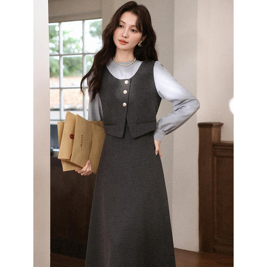 鹿向南「雾灰河畔」深灰色假两件连衣裙女秋冬气质设计感长款裙子 商品图0