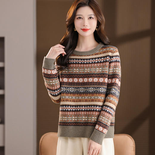 CC 101-88602羊毛圆领毛衣民族风条纹提花宽松针织打底衫 商品图2