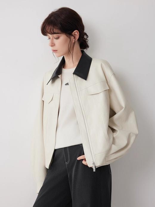 贝壳三 法式撞色翻领短款夹克外套短款巴恩风工装皮衣女C110802 商品图8