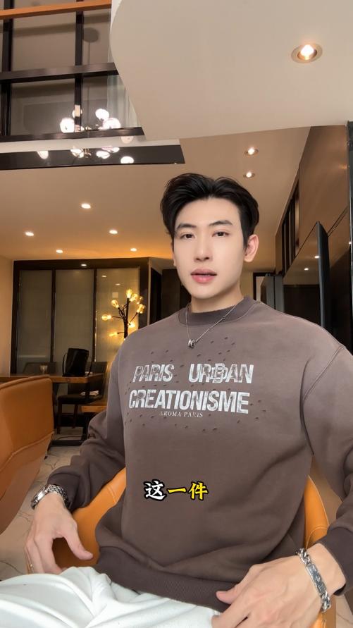 87818SDSA秋冬新款痞帅男装美式复古渐变印花字母圆领上衣磨破设计百搭 商品图0