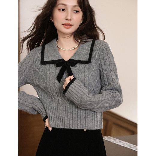 鹿向南「烟雨蒙蒙」法式气质灰色毛衣女秋装高级显瘦长袖短款上衣 商品图1