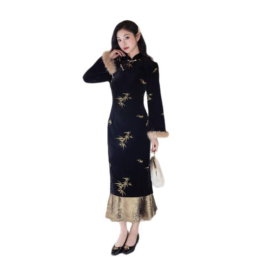 MYJ 新式旗袍优雅气质丝绒修身鱼尾连衣裙 商品图4