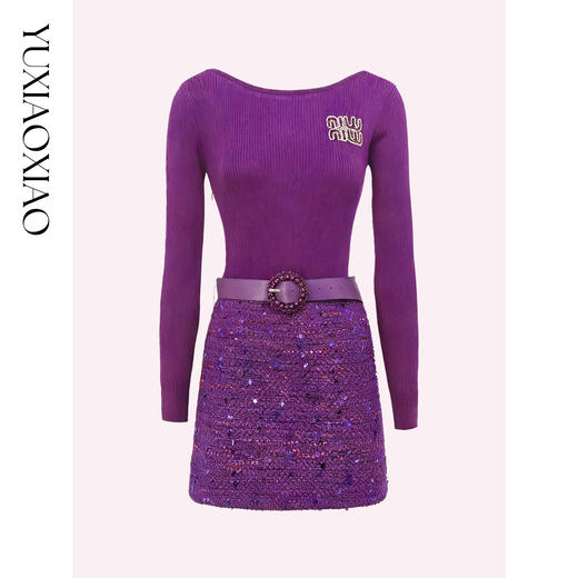 【孤品样衣，不退不换】【缪系甜心】亮丝羊毛混纺拼接亮片粗花呢一字领修身连衣裙 商品图4