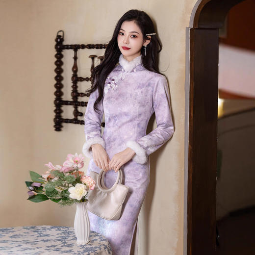 MYJ 新式旗袍国风优雅气质长款七彩丝提花修身连衣裙日常 商品图0