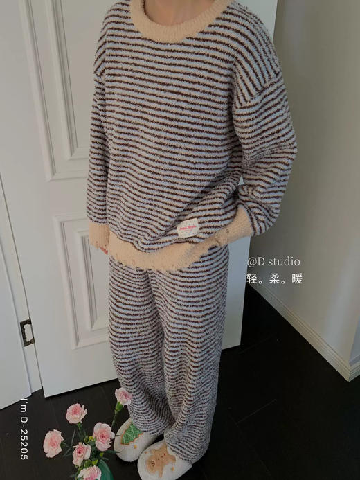 云朵暖宝宝~韩系条纹波半边绒加绒加厚家居服套装 破洞感设计睡衣软绵绵可外穿 商品图5