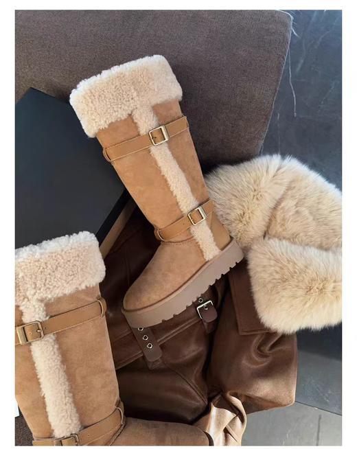 卷毛骑士靴羊皮毛一体皮带长筒短筒靴保暖抗寒 商品图8