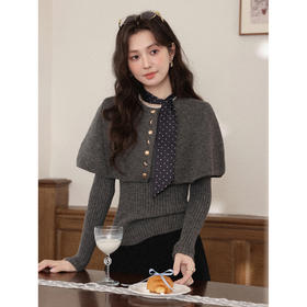 鹿向南「优雅公主」灰色毛衣长袖上衣女斗篷披肩外套秋冬款两件套