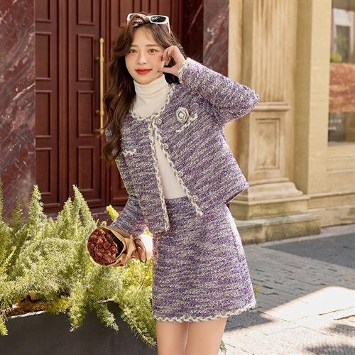 HR YJLY8693法式小香套装重工粗花呢亮丝90白鸭绒外套短裙两件套 商品图4