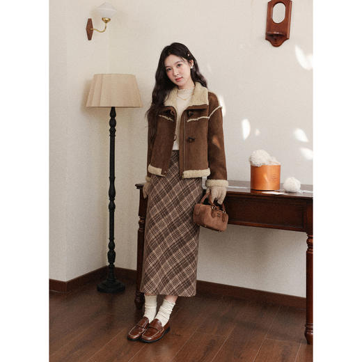 鹿向南「焦糖栗子」美拉德咖色皮毛一体短外套女冬季短款加厚上衣 商品图1