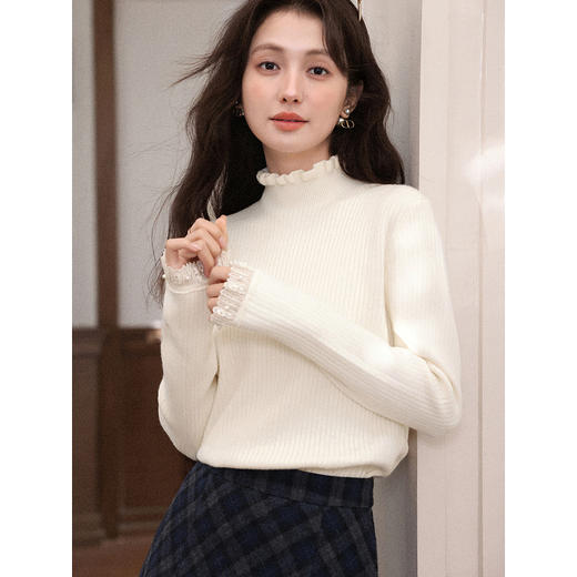 鹿向南「月光手书」杏色半高领针织衫女早秋宽松正肩打底长袖上衣 商品图0