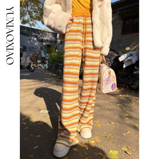 余潇潇【条纹调色盘】复古撞色菱形针织精致烫钻宽松直筒休闲裤 商品图0