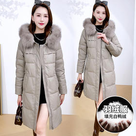 QYM 4B17大毛领连帽羽绒服加厚保暖pu皮妈妈装白鸭绒外套