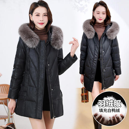 QYM 4B11休闲中长款休闲连帽PU皮白鸭绒毛领加厚保暖外套 商品图1