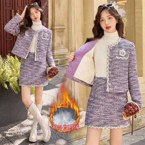 HR YJLY8693法式小香套装重工粗花呢亮丝90白鸭绒外套短裙两件套 商品图0