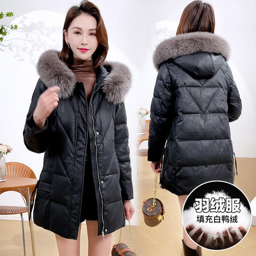 QYM 4B11休闲中长款休闲连帽PU皮白鸭绒毛领加厚保暖外套 商品图2