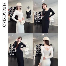 余潇潇【纯欲曲线】绵羊毛混纺前后V领拼接蕾丝设计修身长款连衣裙