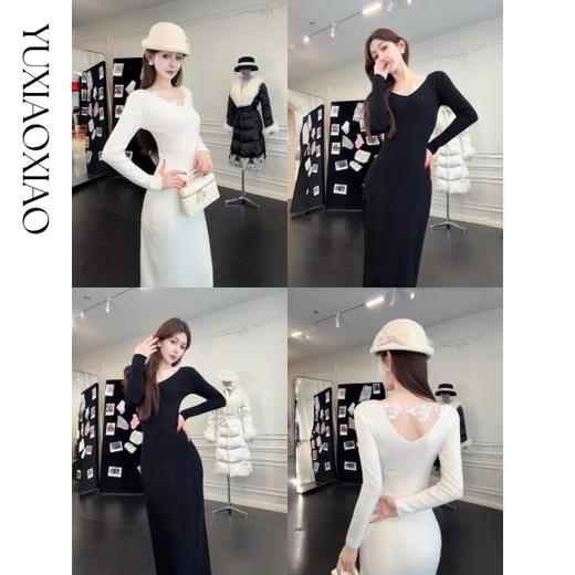 余潇潇【纯欲曲线】绵羊毛混纺前后V领拼接蕾丝设计修身长款连衣裙 商品图0