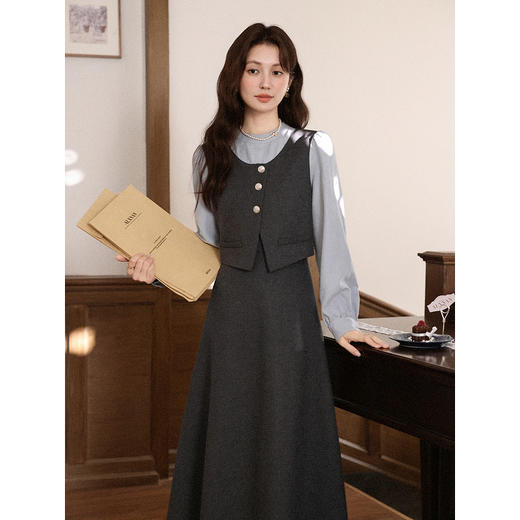 鹿向南「雾灰河畔」深灰色假两件连衣裙女秋冬气质设计感长款裙子 商品图3