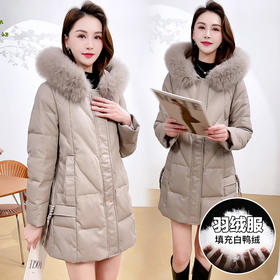 QYM 4B11休闲中长款休闲连帽PU皮白鸭绒毛领加厚保暖外套
