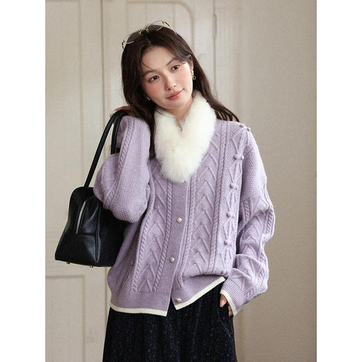 鹿向南「冬日恋曲」法式灰紫色毛衣开衫女秋冬新款慵懒感宽松上衣 商品图1