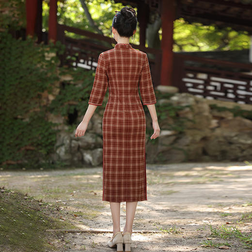 新款中国风日常改良旗袍红色格子长袖旗袍文艺复复古年轻款MLS7217 商品图4