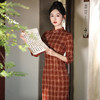 新款中国风日常改良旗袍红色格子长袖旗袍文艺复复古年轻款MLS7217 商品缩略图2
