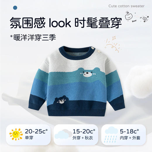 调皮小熊韩版条纹男童毛衣针织纯棉婴儿毛衣A类秋冬加厚儿童毛衣 商品图2