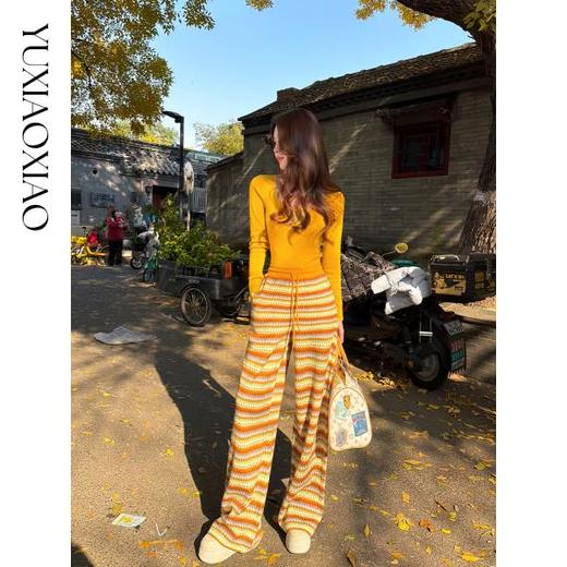 余潇潇【条纹调色盘】复古撞色菱形针织精致烫钻宽松直筒休闲裤 商品图2