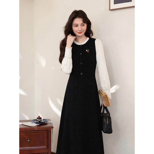 鹿向南「浪漫绮想」黑色假两件毛织长袖连衣裙秋冬款中长款裙子女 商品图0