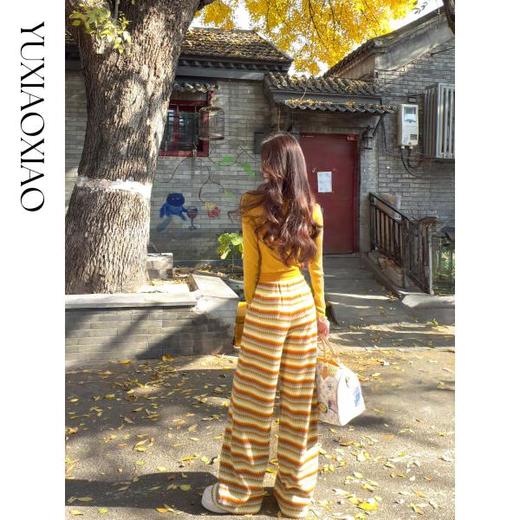 余潇潇【条纹调色盘】复古撞色菱形针织精致烫钻宽松直筒休闲裤 商品图4